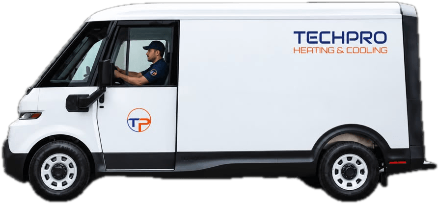 TechPro Heating & Cooling service van with technician at the wheel